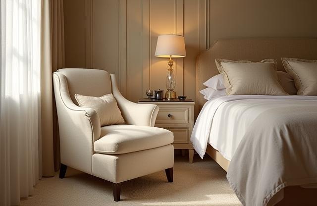 Chambre élégante avec fauteuil tapissé